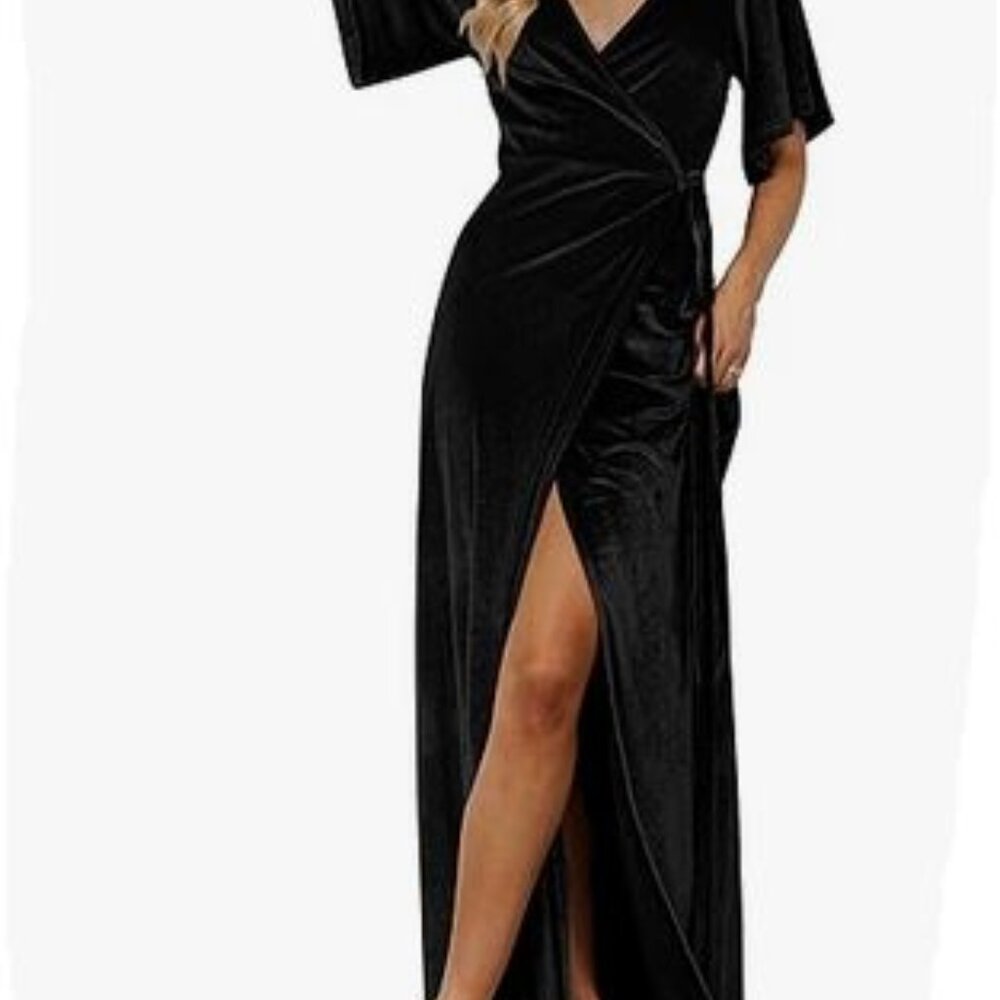 MEROKEETY Wrap Velvet Maxi Dress  V-Neck Bell Sleeves Size 2XL Black